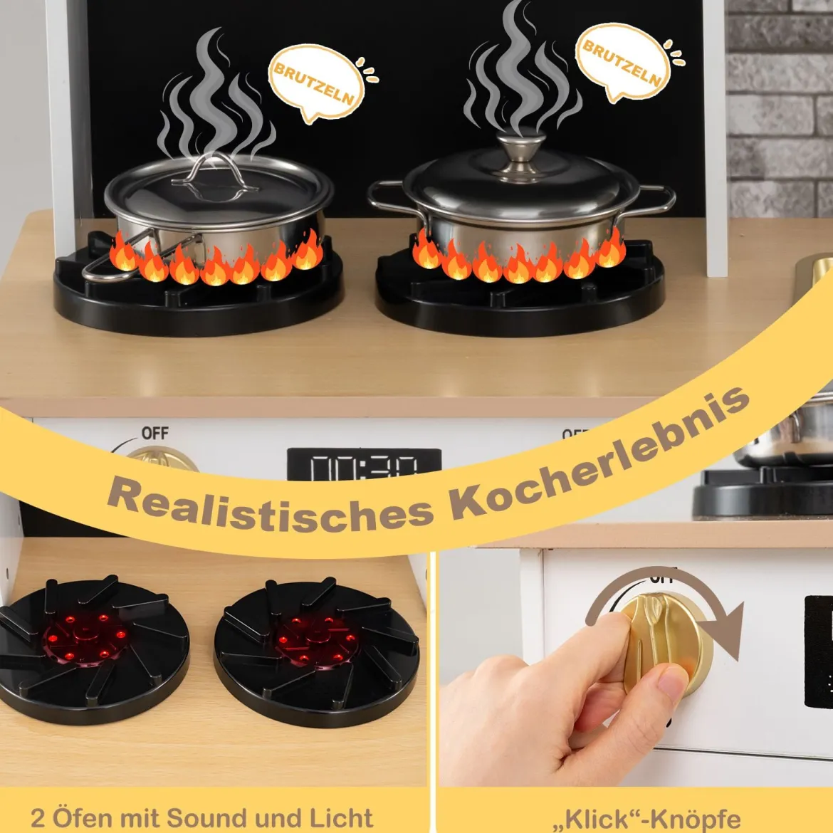Kinderküche Spielset Holzspielküche mit Herd Sound & Licht Kaffeemaschine Wasserhahn & Kochgeschirr Weiß/Natur