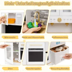 Kinderküche Spielset Holzspielküche mit Herd Sound & Licht Kaffeemaschine Wasserhahn & Kochgeschirr Weiß/Natur