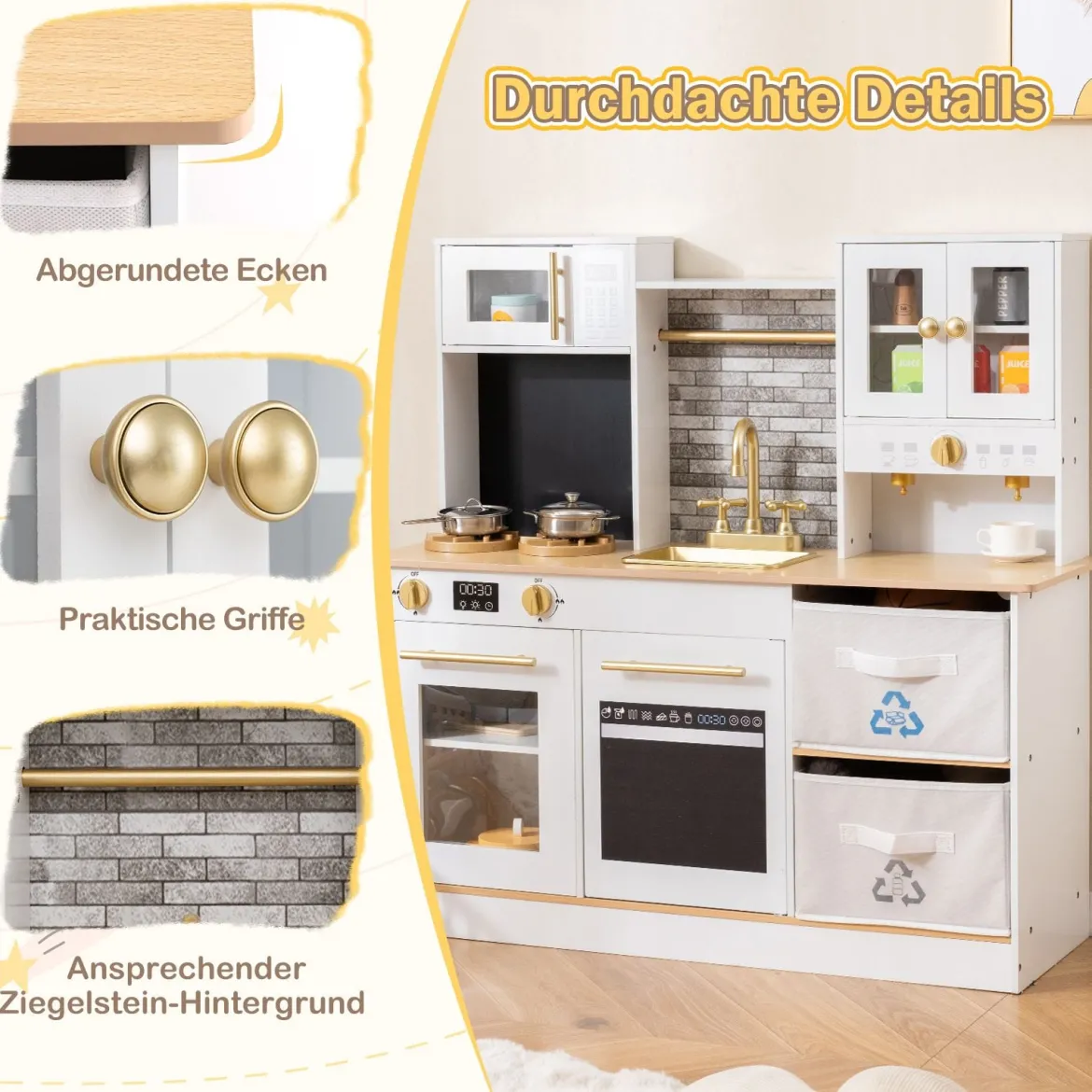 Kinderküche Spielset Holzspielküche mit Herd Sound & Licht Kaffeemaschine Wasserhahn & Kochgeschirr Weiß/Natur