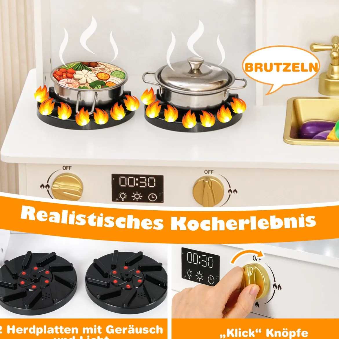 Kinderküche Spielset Holzspielküche mit Herd Sound & Licht Kaffeemaschine Wasserhahn & Kochgeschirr Weiß/Natur