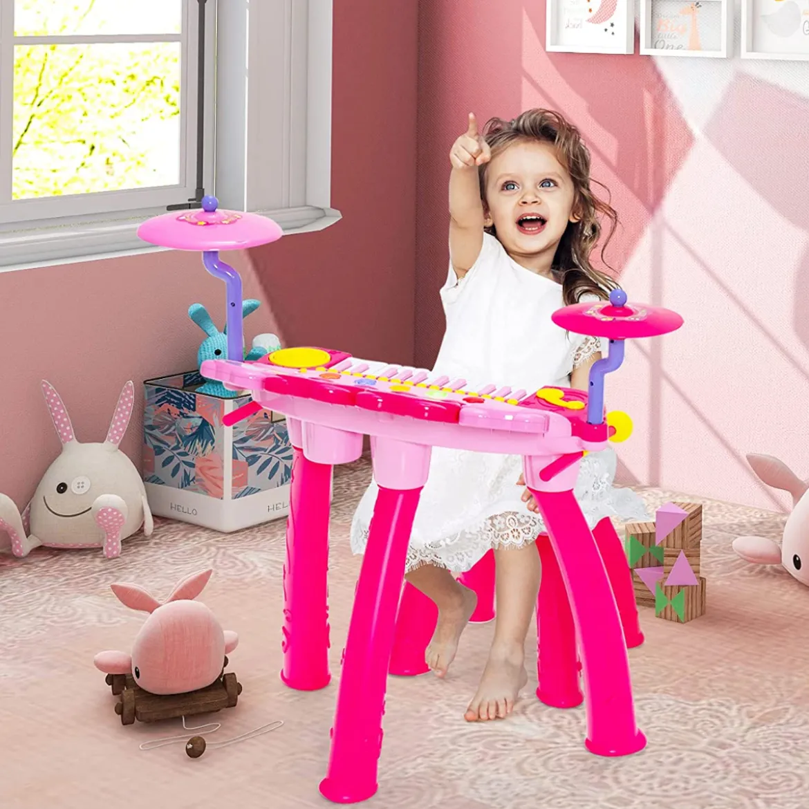 Kinder-Keyboard Elektrisches Keyboard-Set mit Hocker Mikrofon MP3 LED-Leuchten Rosa