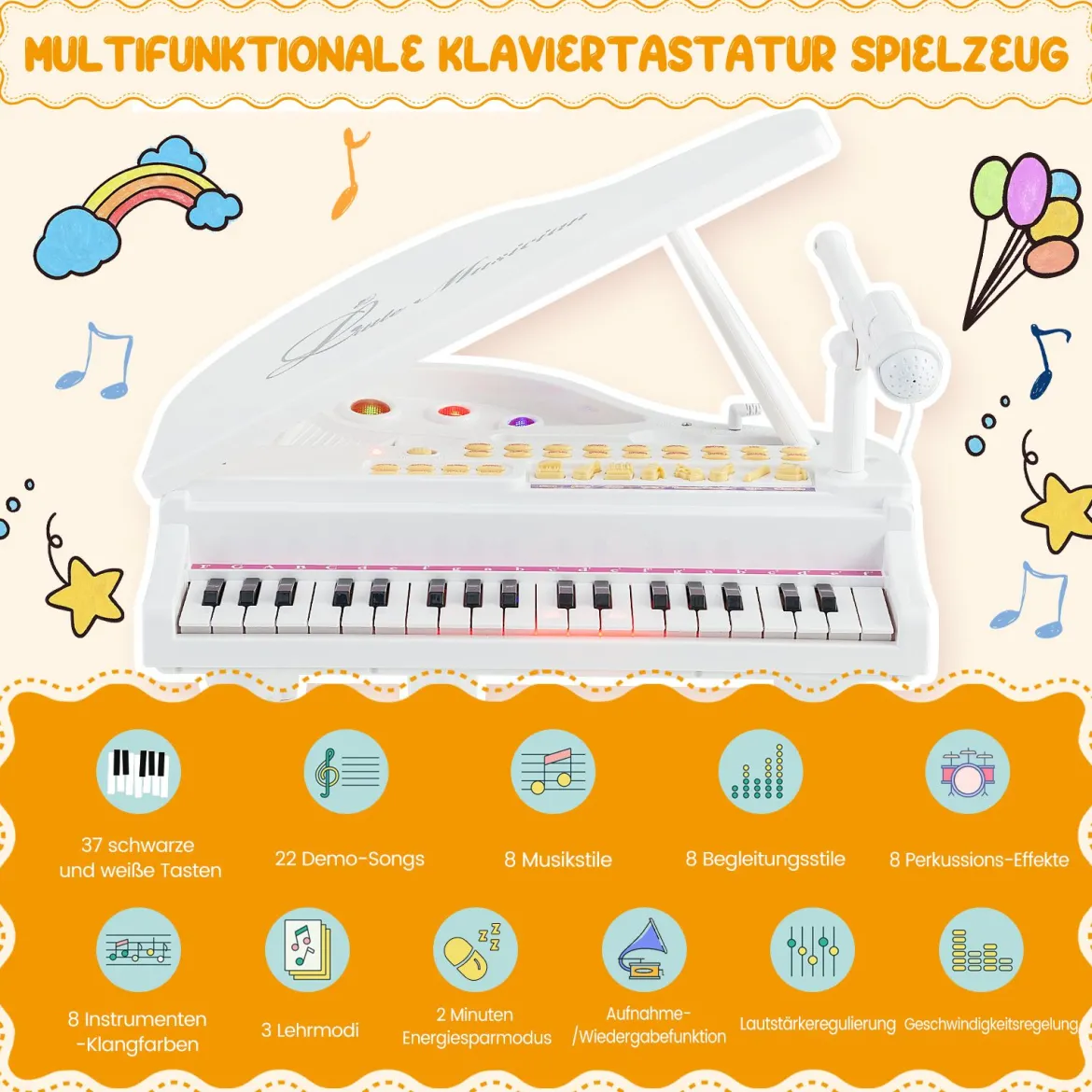 Kinder Keyboard mit 37 Tasten & Hocker Elektronische Klaviertastatur 47 x 37 x 70 cm Weiß