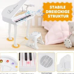 Kinder Keyboard mit 37 Tasten & Hocker Elektronische Klaviertastatur 47 x 37 x 70 cm Weiß