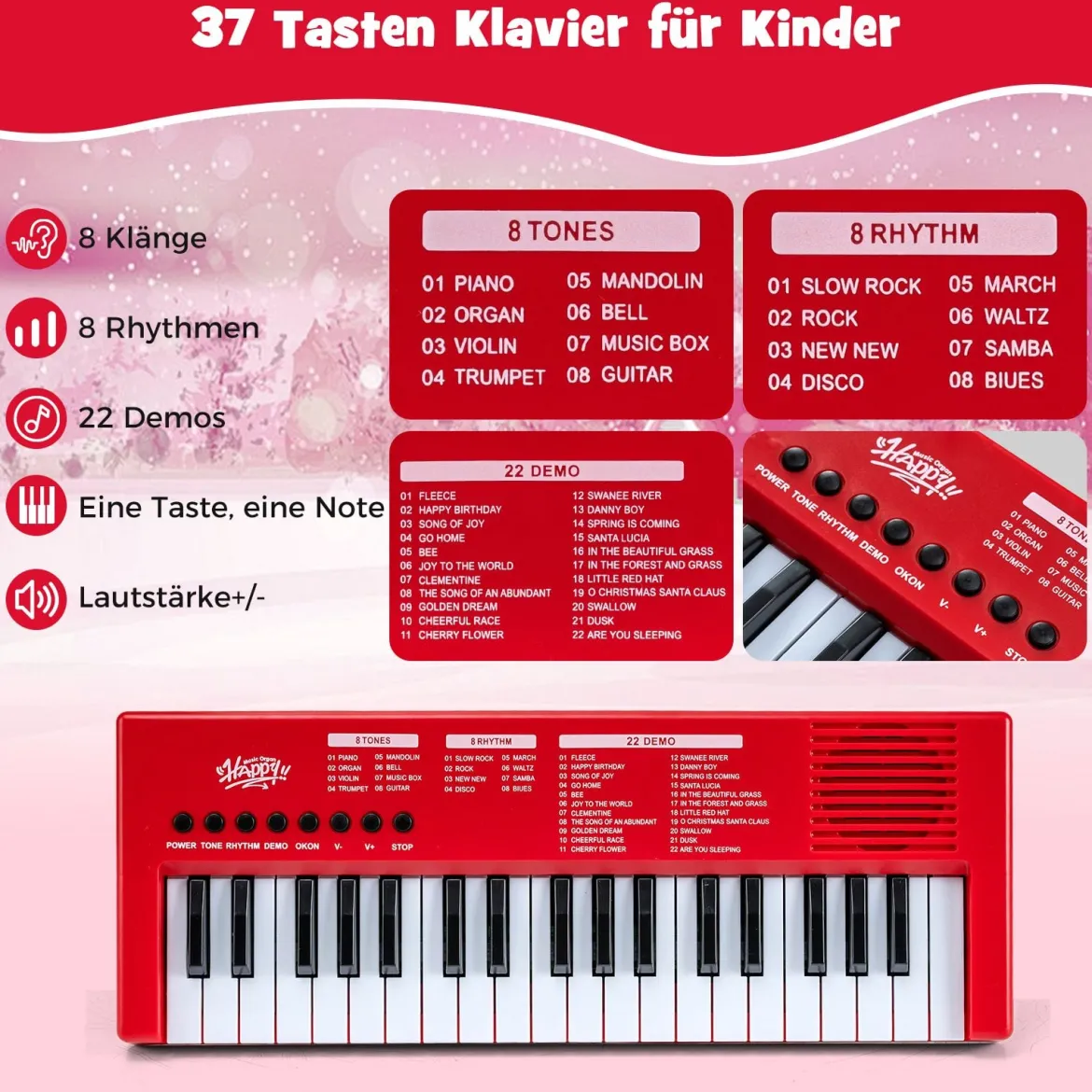 Kinder Klavier Keyboard 37 Tasten tragbares E-Piano mit 8 Rhythmen 8 Klangfarben & 22 Demos Rot