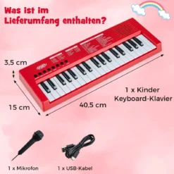 Kinder Klavier Keyboard 37 Tasten tragbares E-Piano mit 8 Rhythmen 8 Klangfarben & 22 Demos Rot