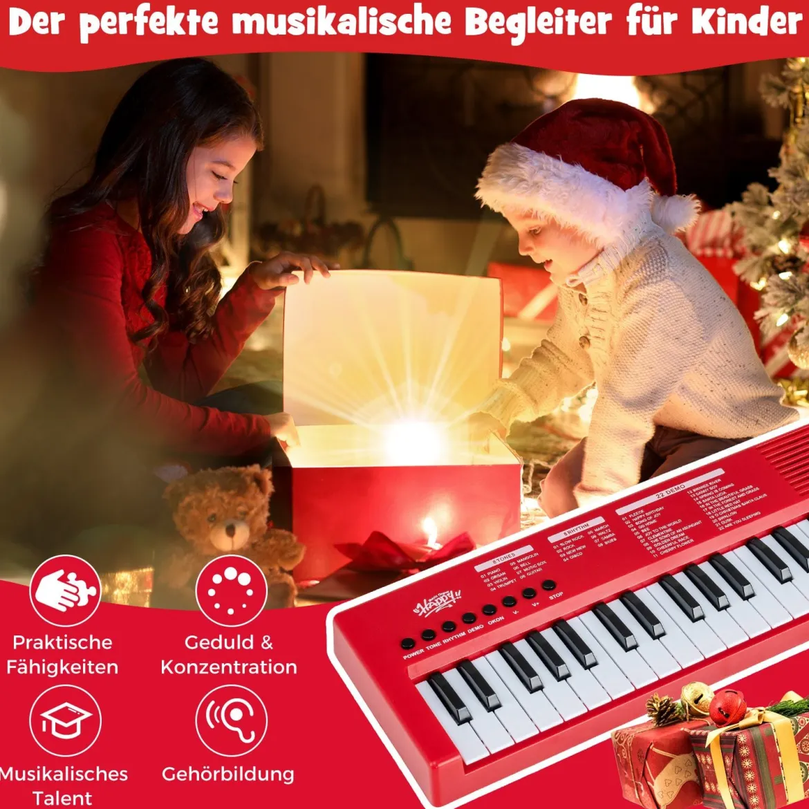 Kinder Klavier Keyboard 37 Tasten tragbares E-Piano mit 8 Rhythmen 8 Klangfarben & 22 Demos Rot