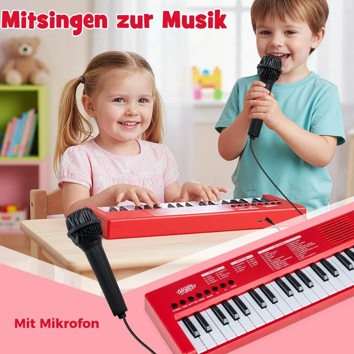 Kinder Klavier Keyboard 37 Tasten tragbares E-Piano mit 8 Rhythmen 8 Klangfarben & 22 Demos Rot