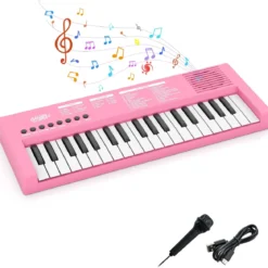 Kinder Klavier Keyboard 37 Tasten tragbares E-Piano mit 8 Rhythmen 8 Klangfarben & 22 Demos Rosa