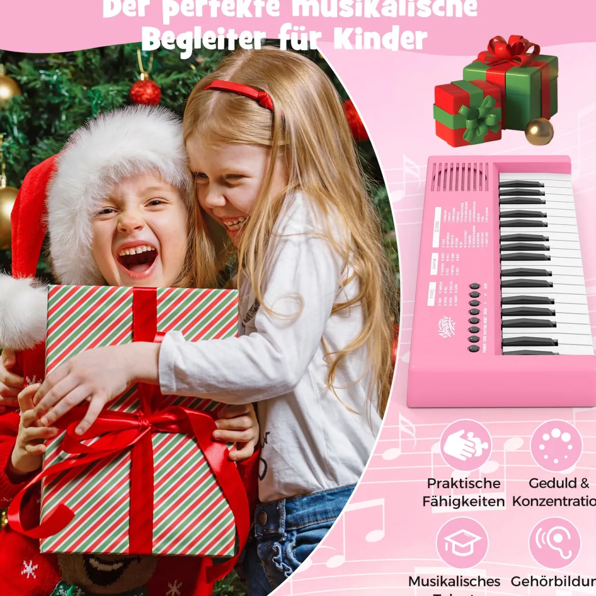 Kinder Klavier Keyboard 37 Tasten tragbares E-Piano mit 8 Rhythmen 8 Klangfarben & 22 Demos Rosa
