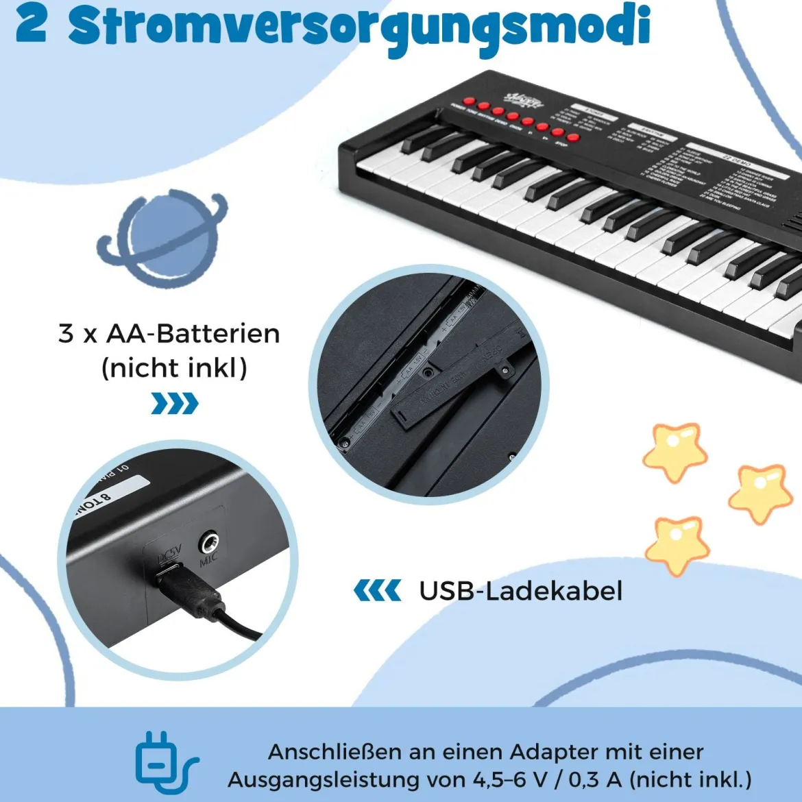 Kinder Klavier Keyboard 37 Tasten tragbares E-Piano mit 8 Rhythmen 8 Klangfarben & 22 Demos Schwarz