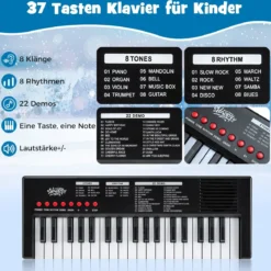 Kinder Klavier Keyboard 37 Tasten tragbares E-Piano mit 8 Rhythmen 8 Klangfarben & 22 Demos Schwarz