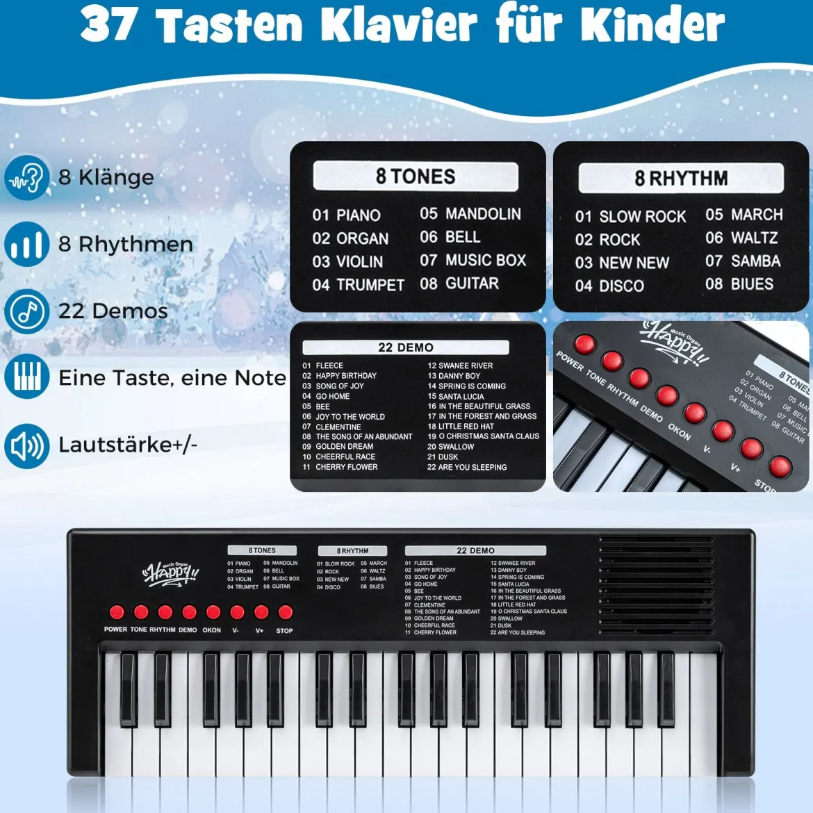 Kinder Klavier Keyboard 37 Tasten tragbares E-Piano mit 8 Rhythmen 8 Klangfarben & 22 Demos Schwarz