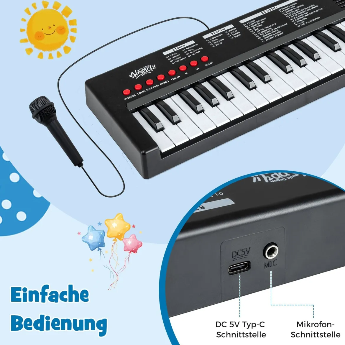 Kinder Klavier Keyboard 37 Tasten tragbares E-Piano mit 8 Rhythmen 8 Klangfarben & 22 Demos Schwarz