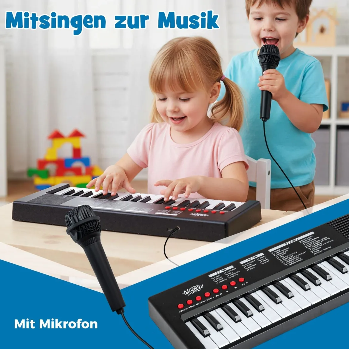 Kinder Klavier Keyboard 37 Tasten tragbares E-Piano mit 8 Rhythmen 8 Klangfarben & 22 Demos Schwarz