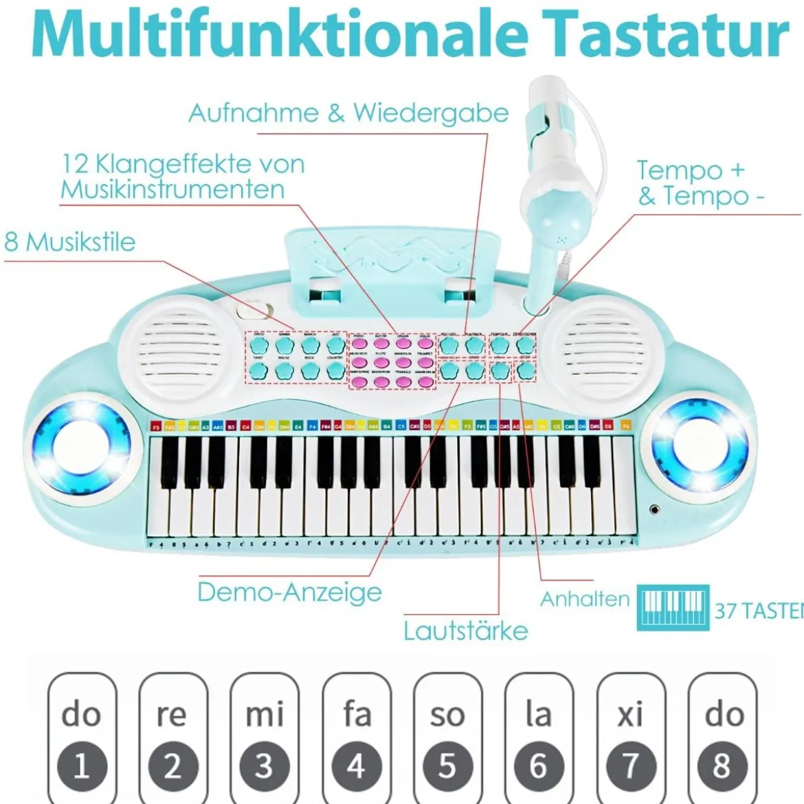 Kinderklavier mit 37Tasten Elektronisches Keyboard mit Hocker 47 x 20 x 60 cm Blau
