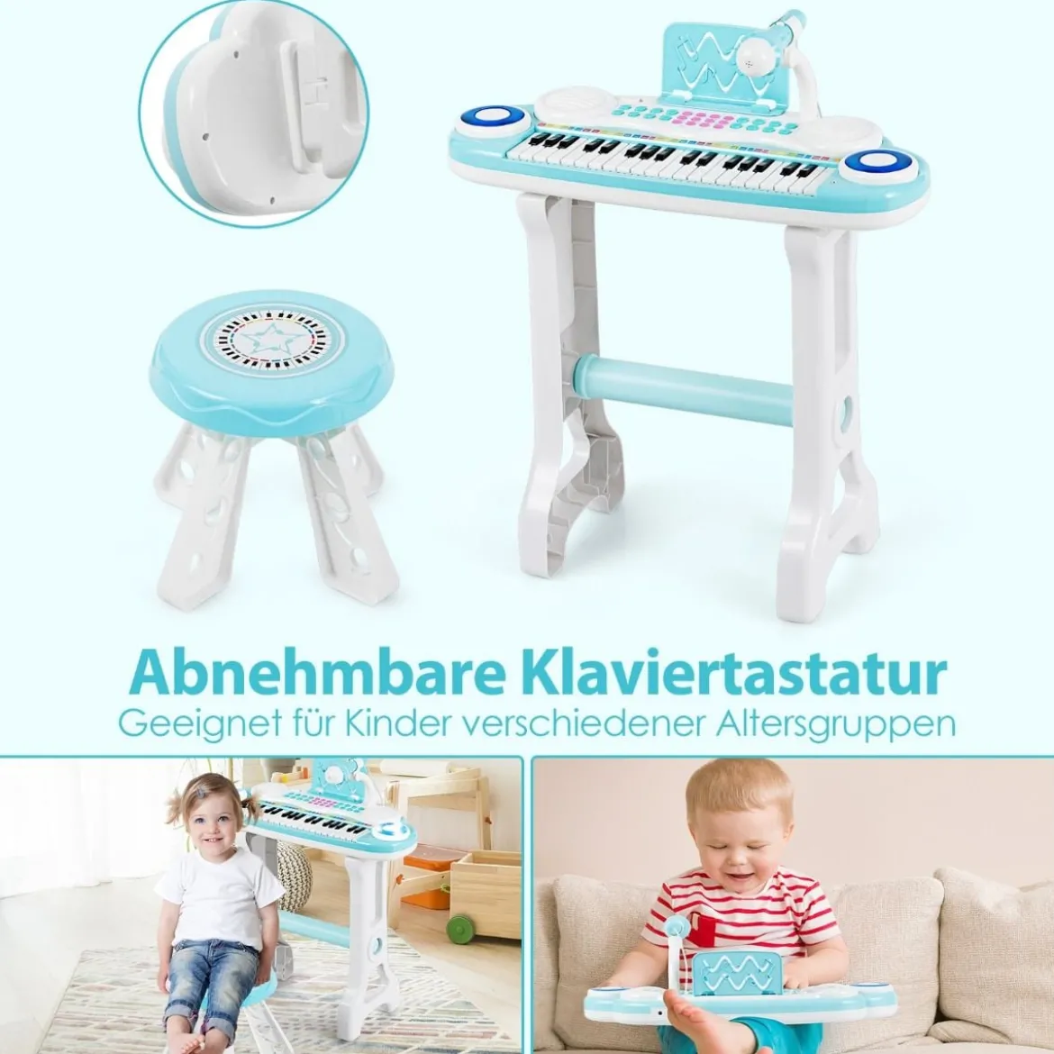 Kinderklavier mit 37Tasten Elektronisches Keyboard mit Hocker 47 x 20 x 60 cm Blau