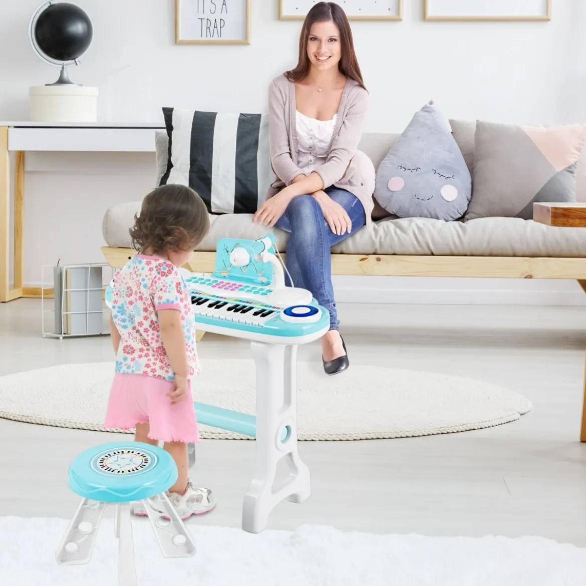 Kinderklavier mit 37Tasten Elektronisches Keyboard mit Hocker 47 x 20 x 60 cm Blau