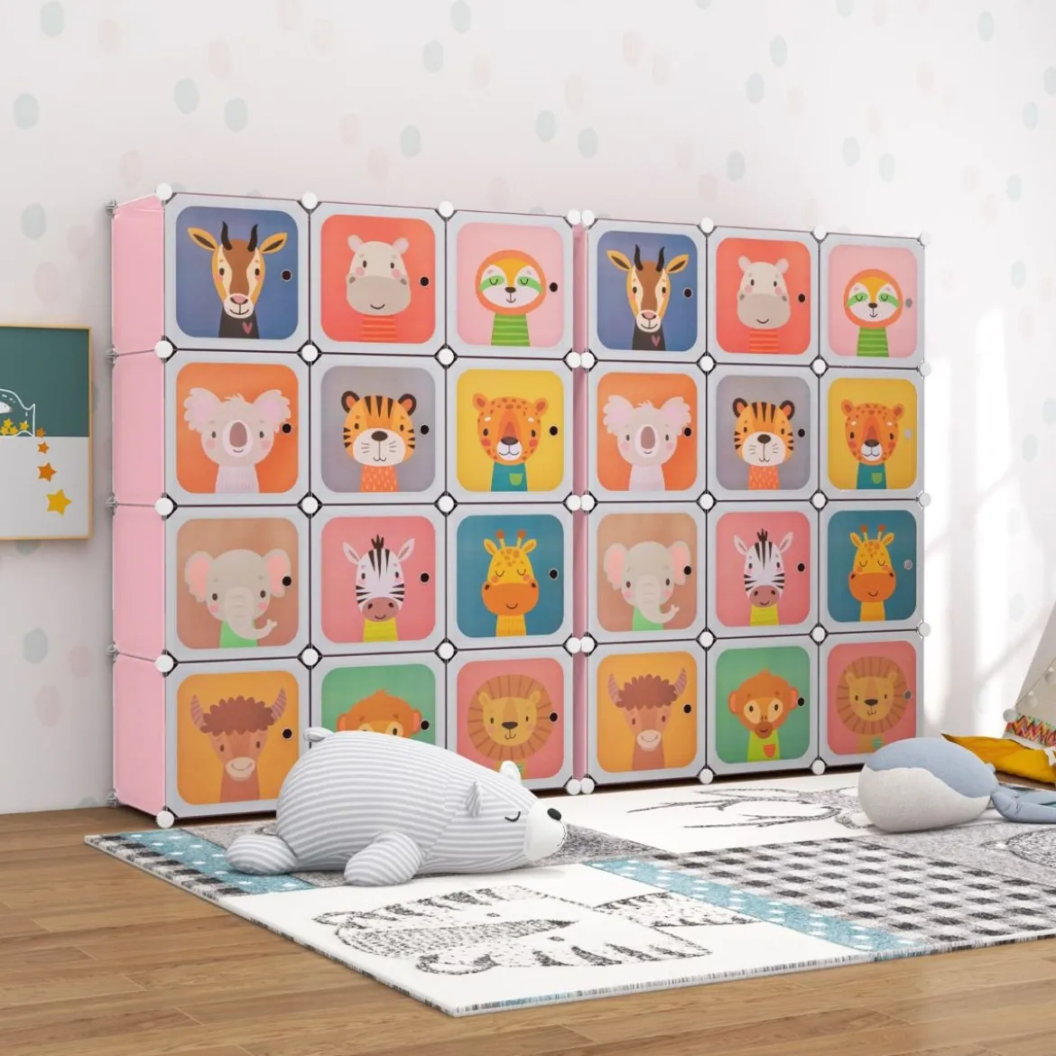 Kinder Kleiderschrank aus Kunststoff mit 12 Würfeln Kinderregal mit Türen & 2 Aufhänger