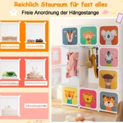 Kinder Kleiderschrank aus Kunststoff mit 12 Würfeln Kinderregal mit Türen & 2 Aufhänger