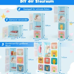 Kinder Kleiderschrank aus Kunststoff mit 12 Würfeln Kinderregal mit Türen & 2 Aufhänger
