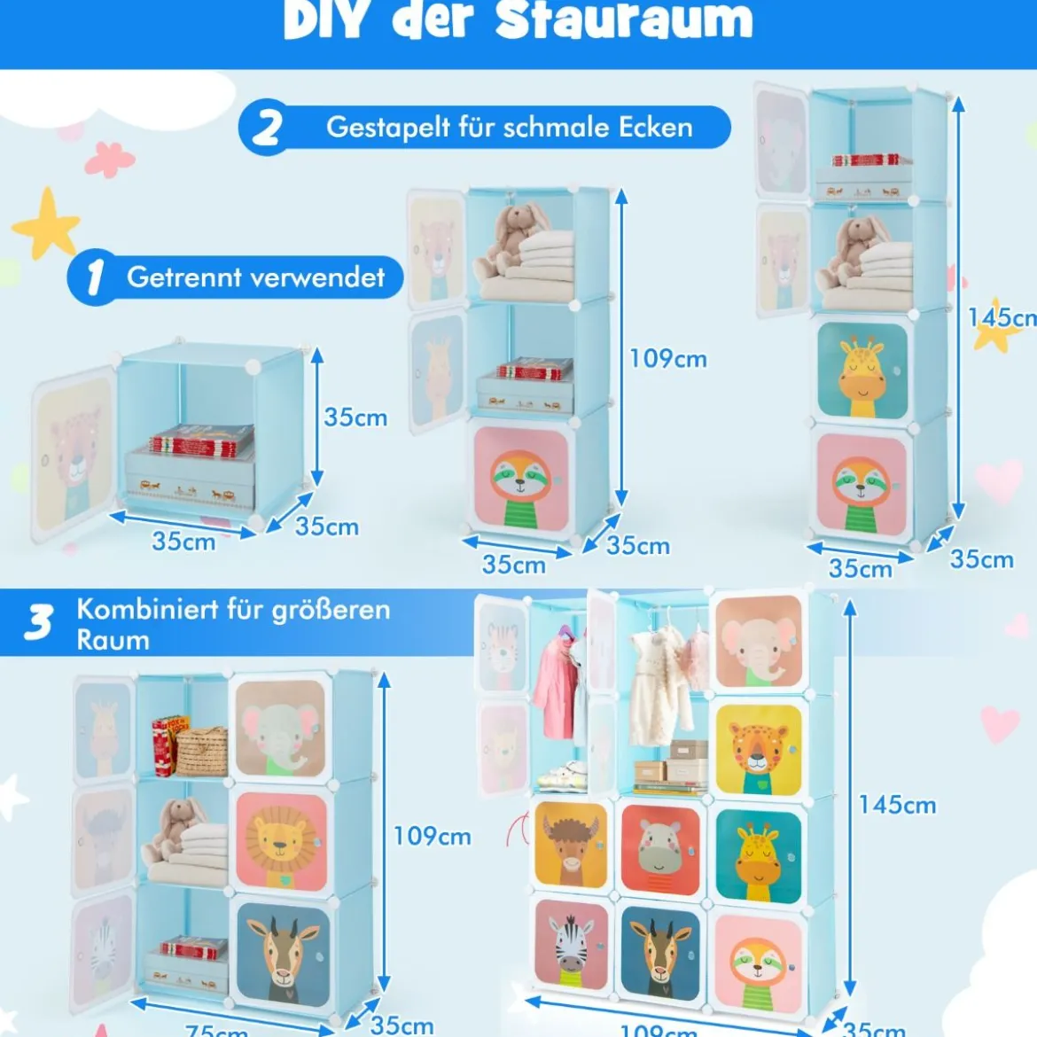 Kinder Kleiderschrank aus Kunststoff mit 12 Würfeln Kinderregal mit Türen & 2 Aufhänger