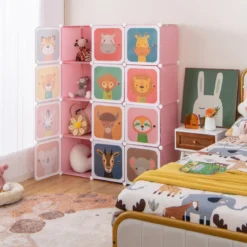 Kinder Kleiderschrank aus Kunststoff mit 12 Würfeln Kinderregal mit Türen & 2 Aufhänger