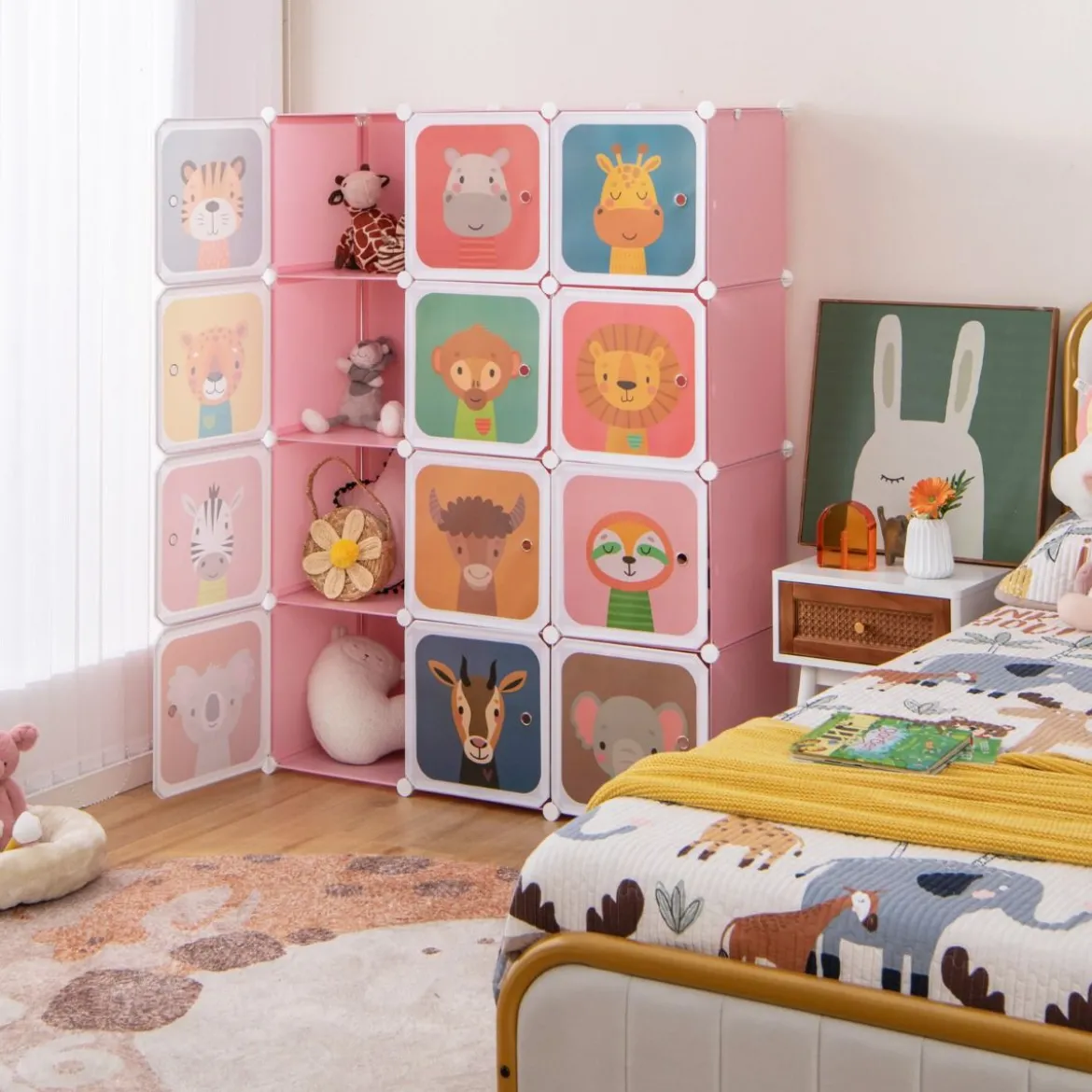 Kinder Kleiderschrank aus Kunststoff mit 12 Würfeln Kinderregal mit Türen & 2 Aufhänger