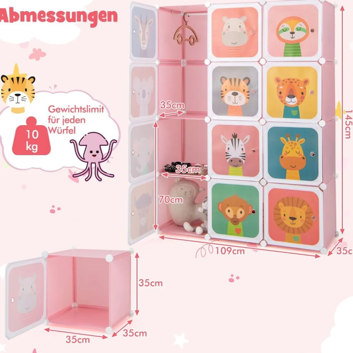 Kinder Kleiderschrank aus Kunststoff mit 12 Würfeln Kinderregal mit Türen & 2 Aufhänger