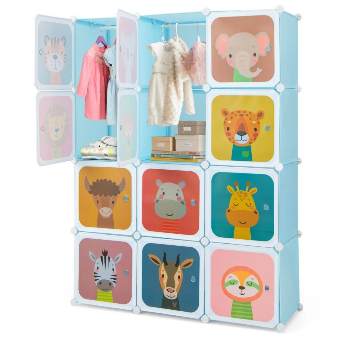 Kinder Kleiderschrank aus Kunststoff mit 12 Würfeln Kinderregal mit Türen & 2 Aufhänger