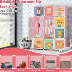 Kinder Kleiderschrank aus Kunststoff mit 12 Würfeln Kinderregal mit Türen & 2 Aufhänger