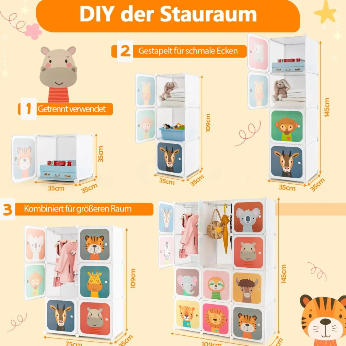 Kinder Kleiderschrank aus Kunststoff mit 12 Würfeln Kinderregal mit Türen & 2 Aufhänger