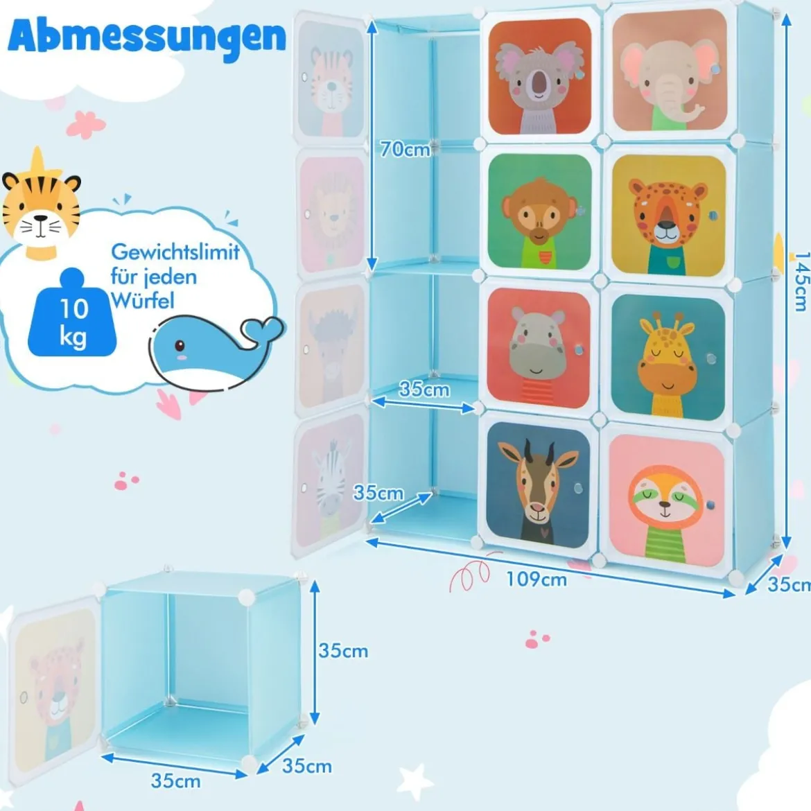 Kinder Kleiderschrank aus Kunststoff mit 12 Würfeln Kinderregal mit Türen & 2 Aufhänger