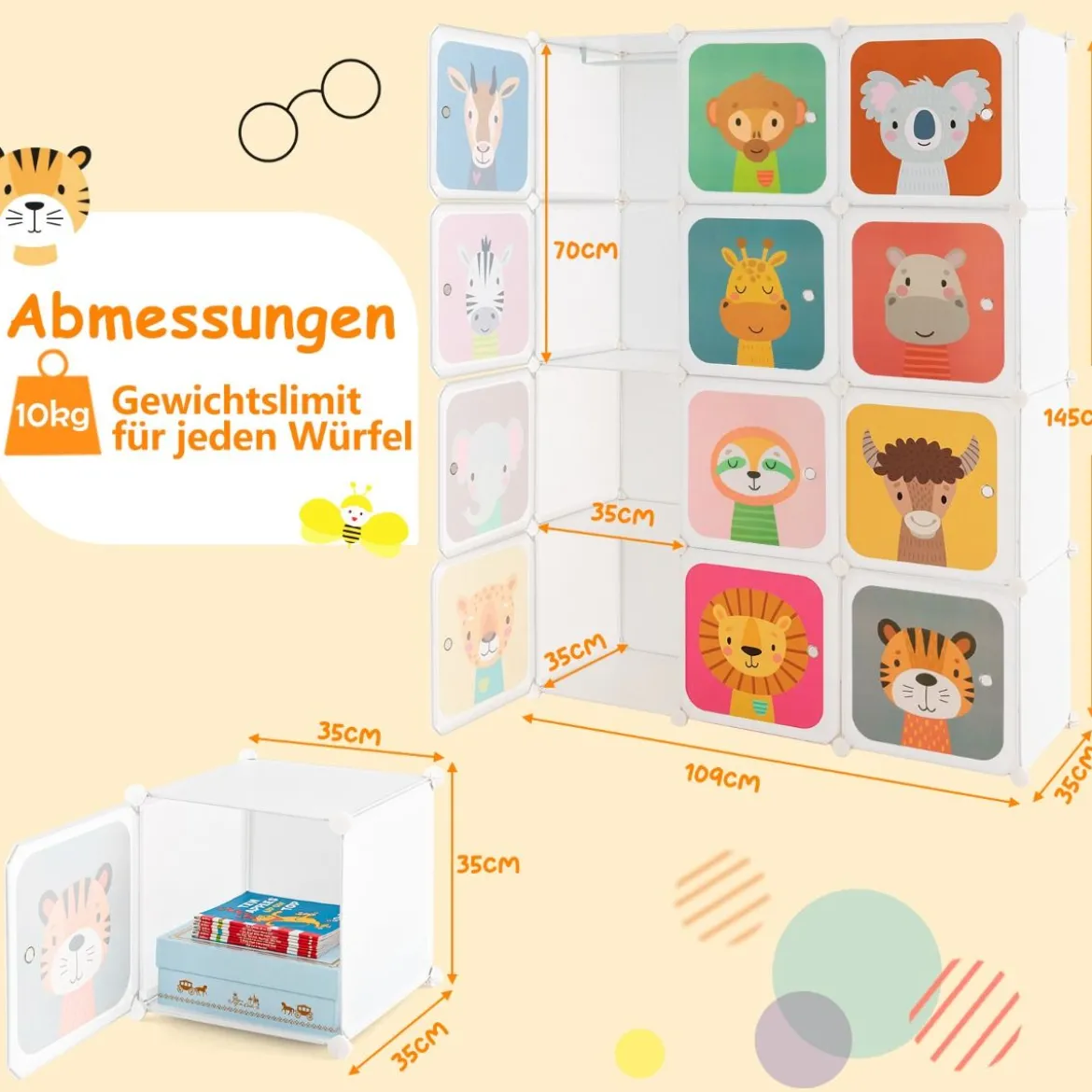 Kinder Kleiderschrank aus Kunststoff mit 12 Würfeln Kinderregal mit Türen & 2 Aufhänger