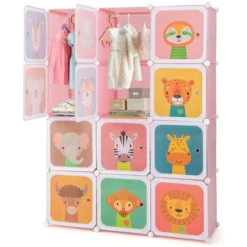 Kinder Kleiderschrank aus Kunststoff mit 12 Würfeln Kinderregal mit Türen & 2 Aufhänger