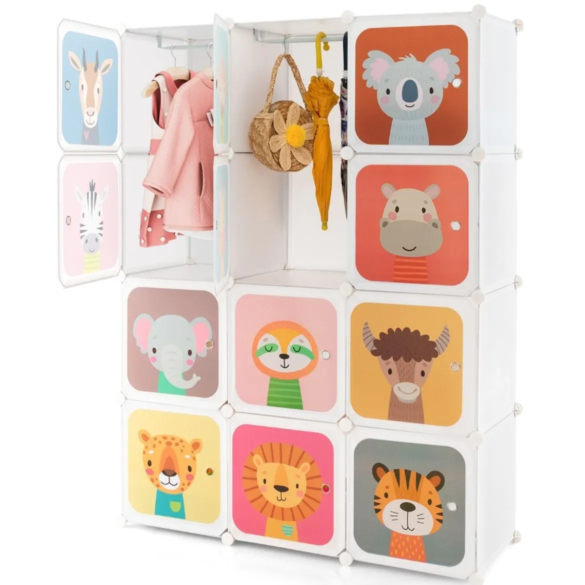 Kinder Kleiderschrank aus Kunststoff mit 12 Würfeln Kinderregal mit Türen & 2 Aufhänger