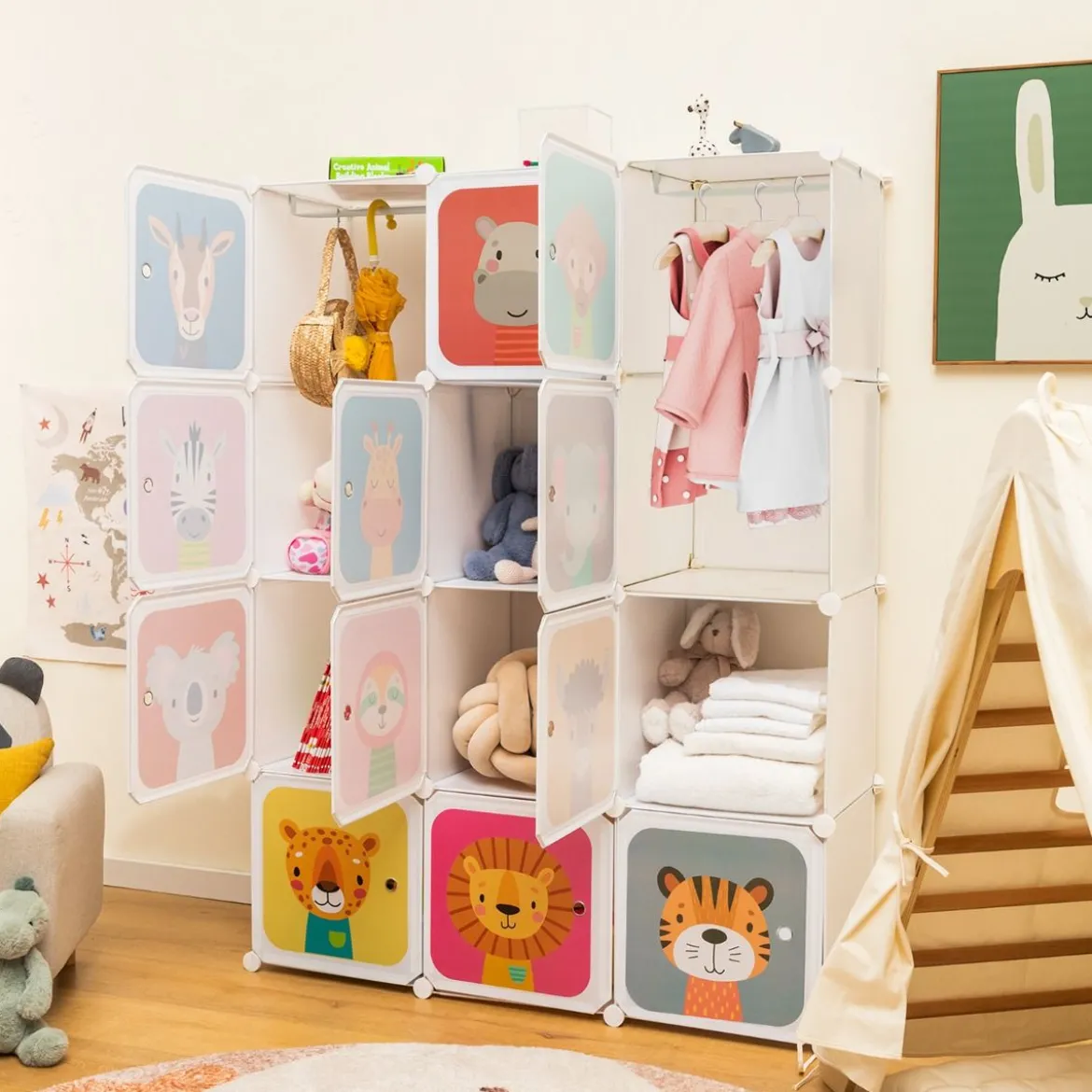 Kinder Kleiderschrank aus Kunststoff mit 12 Würfeln Kinderregal mit Türen & 2 Aufhänger
