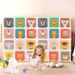 Kinder Kleiderschrank aus Kunststoff mit 12 Würfeln Kinderregal mit Türen & 2 Aufhänger