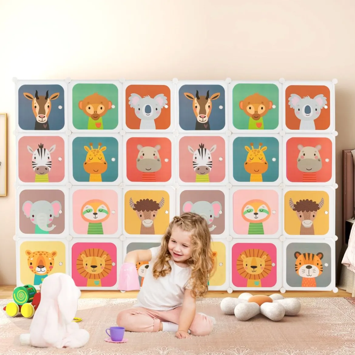 Kinder Kleiderschrank aus Kunststoff mit 12 Würfeln Kinderregal mit Türen & 2 Aufhänger