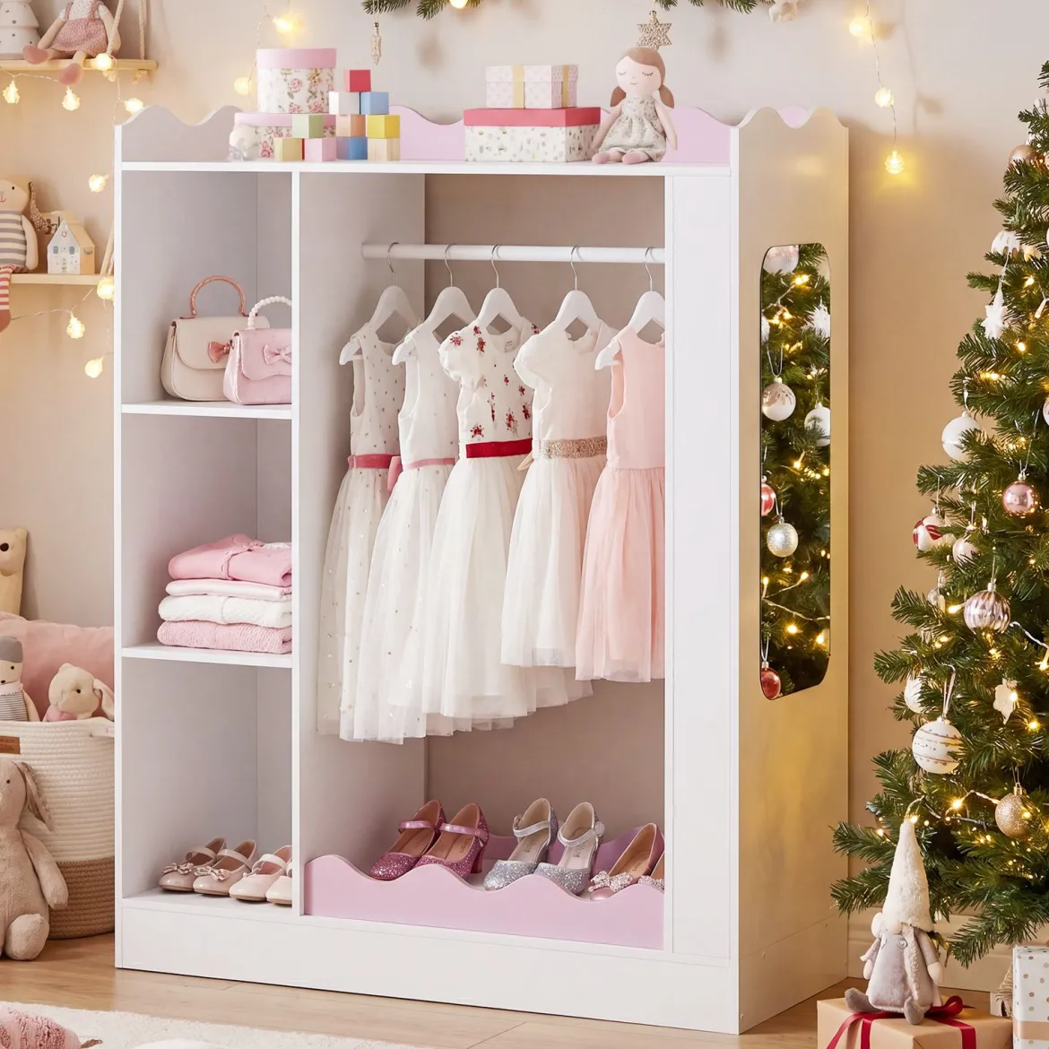 Kinder Kleiderschrank Kindergarderobe mit 2 Bruchsicheren Acrylspiegeln Offener Kleiderstange & Regalen Rosa