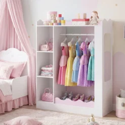 Kinder Kleiderschrank Kindergarderobe mit 2 Bruchsicheren Acrylspiegeln Offener Kleiderstange & Regalen Rosa