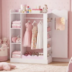 Kinder Kleiderschrank Kindergarderobe mit 2 Bruchsicheren Acrylspiegeln Offener Kleiderstange & Regalen Rosa