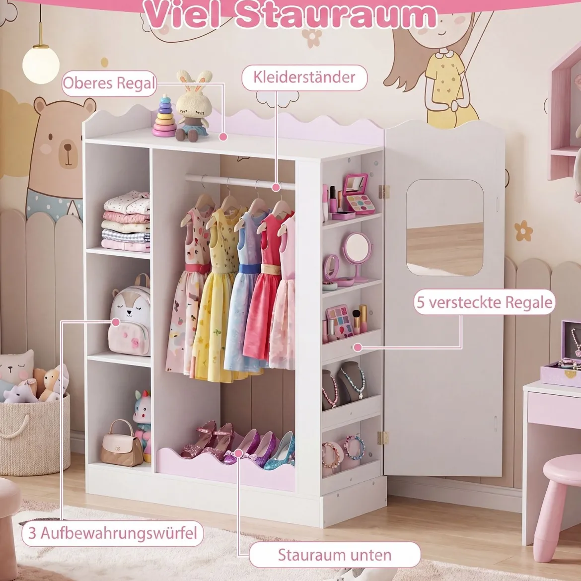 Kinder Kleiderschrank Kindergarderobe mit 2 Bruchsicheren Acrylspiegeln Offener Kleiderstange & Regalen Rosa