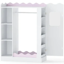 Kinder Kleiderschrank Kindergarderobe mit 2 Bruchsicheren Acrylspiegeln Offener Kleiderstange & Regalen Rosa