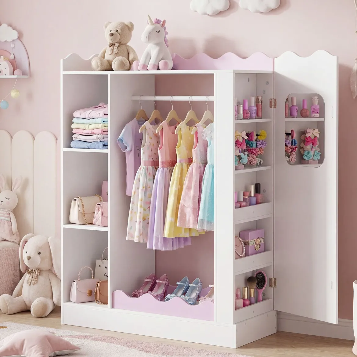 Kinder Kleiderschrank Kindergarderobe mit 2 Bruchsicheren Acrylspiegeln Offener Kleiderstange & Regalen Rosa