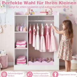 Kinder Kleiderschrank Kindergarderobe mit 2 Bruchsicheren Acrylspiegeln Offener Kleiderstange & Regalen Rosa