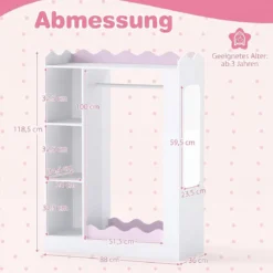 Kinder Kleiderschrank Kindergarderobe mit 2 Bruchsicheren Acrylspiegeln Offener Kleiderstange & Regalen Rosa