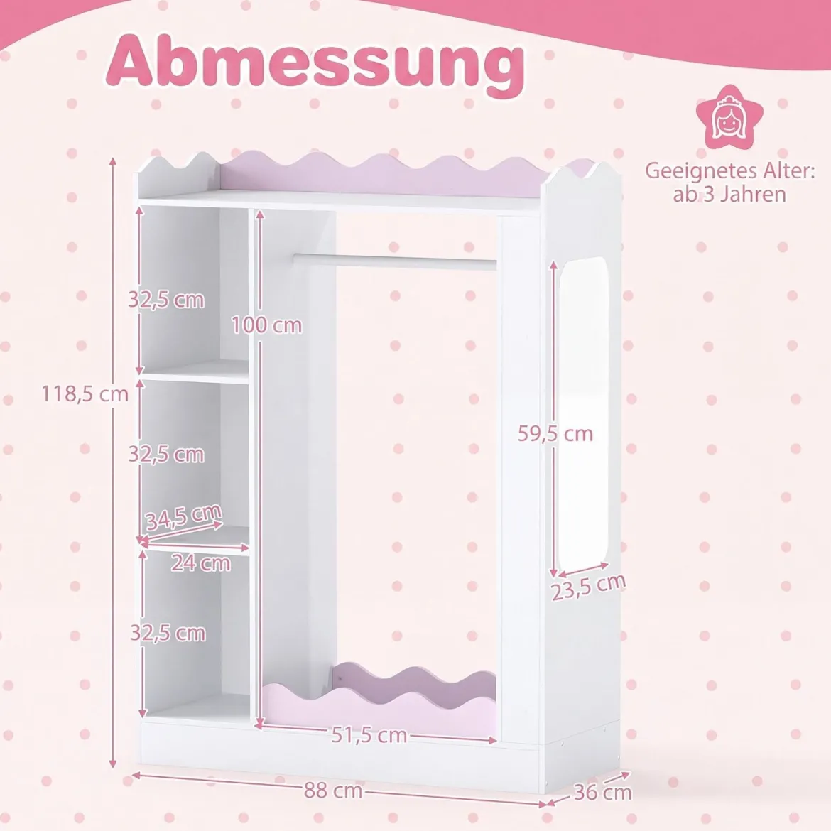 Kinder Kleiderschrank Kindergarderobe mit 2 Bruchsicheren Acrylspiegeln Offener Kleiderstange & Regalen Rosa