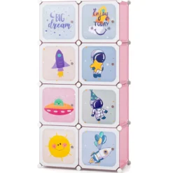 Kinder Kleiderschrank Kunststoff Regalsystem mit 8 Würfeln Kinderregal mit Türen Rosa
