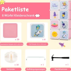 Kinder Kleiderschrank Kunststoff Regalsystem mit 8 Würfeln Kinderregal mit Türen Rosa