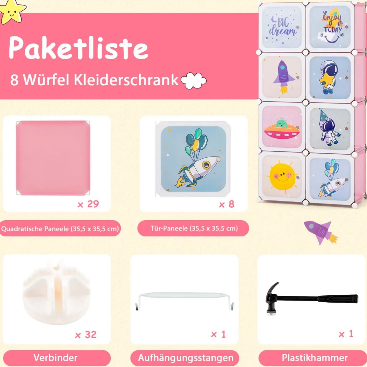 Kinder Kleiderschrank Kunststoff Regalsystem mit 8 Würfeln Kinderregal mit Türen Rosa
